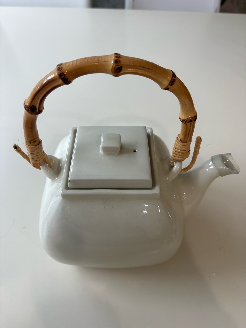 Pottery Barn White Ceramic Teapot with Bamboo Handle